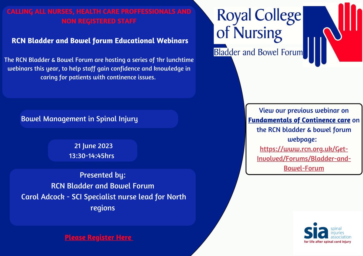 Spinal Injuries Association (@spinalinjuries) on Twitter photo On 21 June, Carol, one of our SCI specialist clinical team, will be co-hosting a <a href="/RCNContinence/">RCN Bladder and Bowel Forum</a> webinar on Bowel Management in Spinal Injury as part of an ongoing series.
This vital learning will be free and open to all nursing staff via <a href="/theRCN/">The RCN</a> channels.
#ThisIsSeriousSh1t 💩 On 21 June, Carol, one of our SCI specialist clinical team, will be co-hosting a <a href="/RCNContinence/">RCN Bladder and Bowel Forum</a> webinar on Bowel Management in Spinal Injury as part of an ongoing series.
This vital learning will be free and open to all nursing staff via <a href="/theRCN/">The RCN</a> channels.
#ThisIsSeriousSh1t 💩