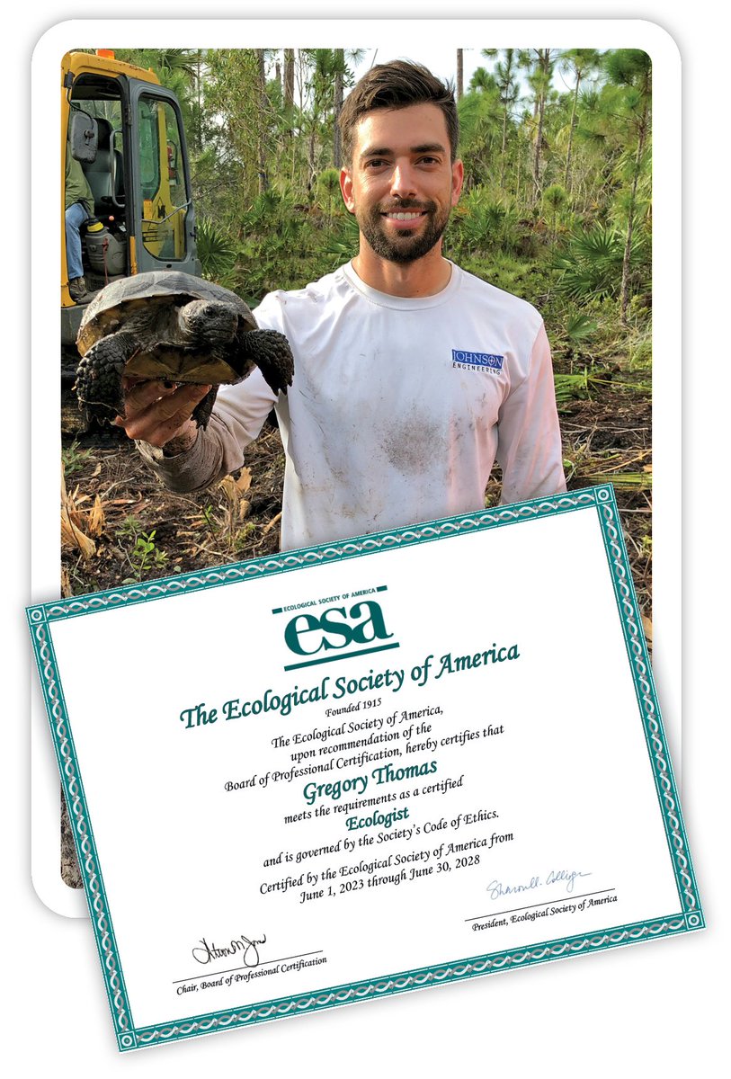 JohnsonEng's tweet photo. Congratulations to Greg Thomas, CE, who recently earned the title of Certified Ecologist (CE) from the Ecological Society of America. Greg has been with Johnson Engineering for eight years and works in our environmental group. He is also an authorized Gopher Tortoise Agent. https://t.co/ES0N52qYaV
