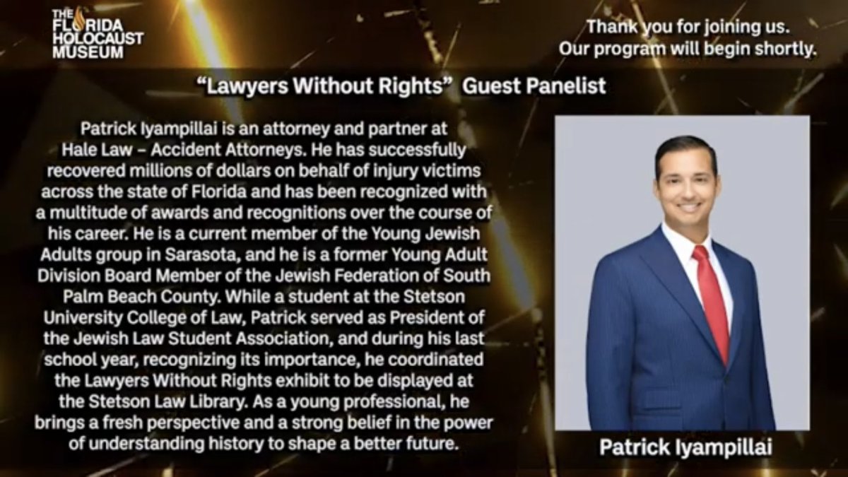 Attorney and Partner of Hale Law, Patrick Iyampillai, was honored to be a guest panelist for the 'Lawyers Without Rights' Exhibit Opening and Panel Discussion at the Florida Holocaust Musuem. #LawyersWithoutRights #JewishLawyers #HolocaustEducation