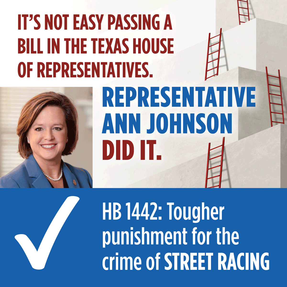 VoteAnnJohnson's tweet photo. Our House Bill 1442 will strengthen the penalties for the dangerous practice of street racing, and help keep neighborhood streets safe. The bill enables prosecutors to seize vehicles involved in street racing and increases punishments for convicted offenders. #txlege https://t.co/TpzbcUxadM