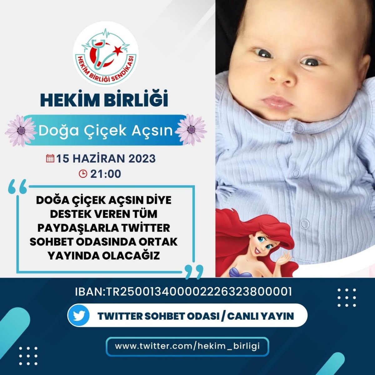 hekim_birligi's tweet photo. HEKİM BİRLİĞİ’NDEN EN ANLAMLI BABALAR GÜNÜ HEDİYESİ İÇİN TÜRKİYE’YE ÇAĞRI

Hekim Birliği ailesi olarak, 11 Haziran 2023 tarihinde Ankara Şubemizin seçimli genel kurulunu gerçekleştirdik. 
Bu önemli etkinlikte, üyemiz ve aynı zamanda Ankara Şubemizin delegesi olan Dr. İsmet Canpunar ile Hekim Birliği Yönetim Kurulu olarak yüz yüze görüşme imkanı bulduk. 
Dr. İsmet Canpunar’ın kızı Doğa Canpunar'ın hastalığıyla ilgili başlattığı yardım kampanyasına verilen destekler için teşekkür etti. Ancak bu desteğin hedefine ulaşması için daha organize ve büyük projelerle yardım toplanması gerektiğini belirtti.
Hekim Birliği Yönetim Kurulu Başkanı Dr. Hatice Çerçi Balcı, Dr. İsmet Canpunar'a Hekim Birliği ailesi olarak tam destek olacaklarını söyledi . 
Bu amaçla, Hekim Birliği gönüllülerden oluşan bir grup oluşturdu. Kırıkkale’de  Dr. Neslihan Şebin tarafından organize edilen ve halen çalışmaları devam eden bir konserle geliri Doğa’ya aktarmak üzere bir yardım kampanyası düzenlendi.
Hekim Birliği'nin isimsiz kahramanları, yurdun dört bir yanında "Doğa Çiçek Açsın, Solmasın" sloganıyla tam bir seferberlik haliyle harekete geçti. 15 Haziran 2023 Perşembe günü saat 21.00'da Twitter'da bir sohbet odası açılacak ve buradan yapılacak yardım kampanyasıyla Doğa’ya destek sağlanacak.
Bilimsel makalelere ve konunun uzmanı hekimlere göre, henüz 2 aylık olan doğanın 4 aylık bir süresi daha bulunmaktadır. İlk semptomlar 6. aydan itibaren görülmeye başlanmakta ve geriye dönüş olmamaktadır. Bu nedenle zamanımız kısıtlıdır ve şu ana kadar gereken meblağın sadece %40'ı toplanabilmiştir. Kalan kısmın bir an önce toplanabilmesi için meslektaşlarımızın ciddi desteğine ihtiyaç duyulmaktadır. Bu konuda başta sağlık camiası çalışanlarımız olmak üzere sanatçılar, yazarlar ve topluma önderlik edebilecek herkese ciddi ihtiyaç duyulmaktadır. Çağrımız   Türkiye’deki bütün yardımseverleredir.  
Doğa’nın yaşamı, bizim yapabileceğimiz yardımlara bağlıdır. Eğer hep beraber seferberlik halinde destek sağlarsak , Doğa çiçek açacaktır.
Gelin, bu yıl 18 Haziran'da kutlanacak Babalar Günü'nde Doğa’nın babasına en güzel hediye olan tedavi masraflarının karşılanmasını sağlayarak Doğa’ya çiçek açtıralım. 
Dr. İsmet Canpunar'ın kızı için verdiği babalık mücadelesine destek olalım. Anne Dr. Nazlı ile baba Dr. İsmet'i yalnız bırakmayalım. 
Babalar Gününde dünyanın en güzel hediyesini, Doğa’ya can olarak bizler sunalım. 
Birlik olursak, yapabiliriz, başarabiliriz. 
#GelinBirlikOlalım @RTErdogan @tcbestepe @drfahrettinkoca @saglikbakanligi