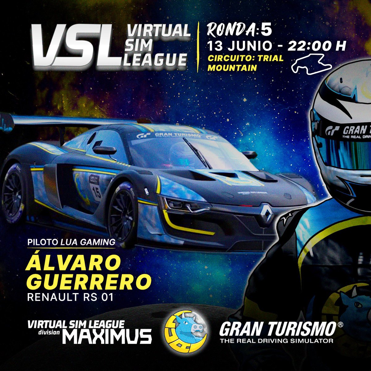 LUAGaming_'s tweet photo. ¡Volvemos con @granturismo 🏆 una semana más!

Nuestro piloto @Leyenda93_GT rodará sobre el Trial Mountain ⛰️ para disputar la última ronda de la fase de grupos de la @Titanium__Red 🔥

La competición está MUUUy interesante 🤔

🏆 #VirtualSimRacing
📍 Trial Mountain
👤 Álvaro Guerrero
🚘 Renault RS 01
⏰ 22:00
📺 https://t.co/M5ZvrG8vYo
