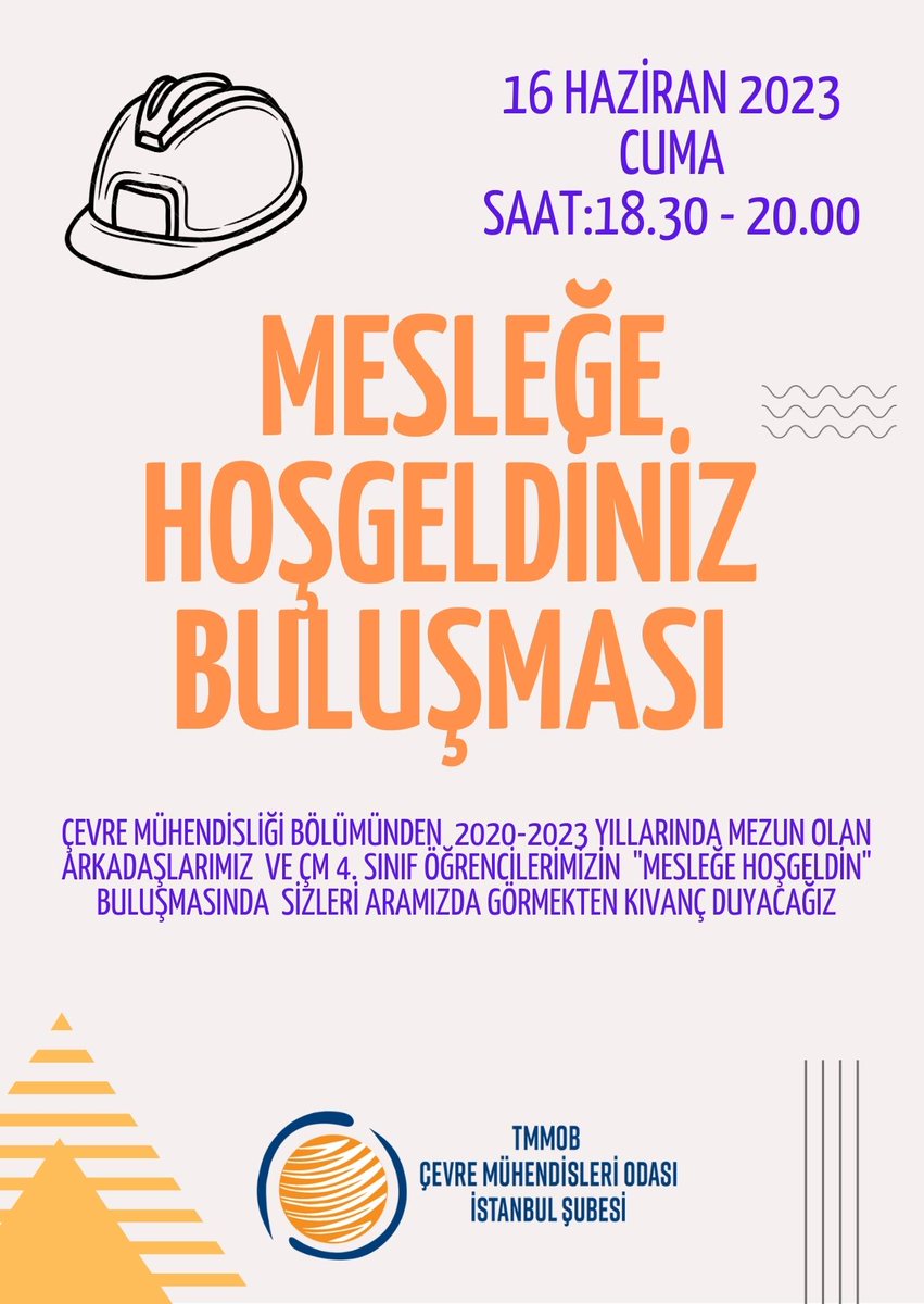 "MESLEĞE HOŞGELDİN" buluşması etkinliğimizi duyurmaktan heyecan duyuyoruz! 🎉🌍

📅 Tarih: 16 Haziran 2023, Cuma
⏰ Saat: 18.30 - 20.00 
📍Yer: TMMOB Çevre Mühendisleri Odası İstanbul Şubesi Konferans Salonu

Duyuru Linki: cmo.org.tr/meslege-hosgel…