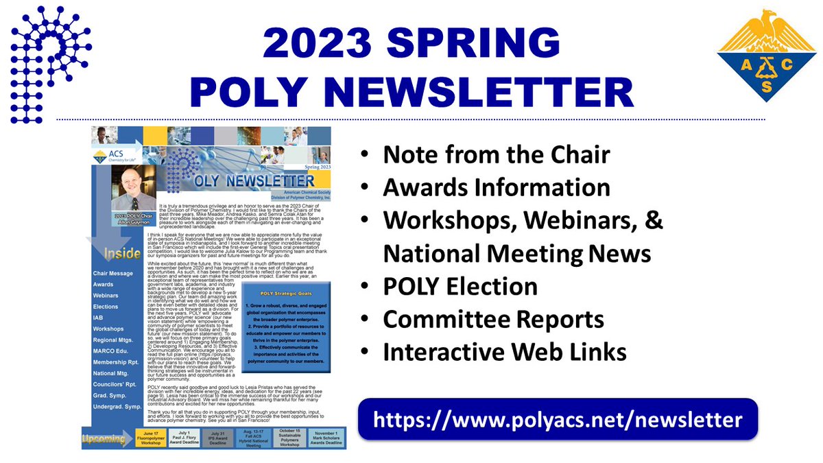 POLY_ACS's tweet photo. The 2023 Spring POLY Newsletter is ready to view! Catch up on the Division's latest news at https://t.co/2ZLeuNjPCP
#POLY #POLYnews #POLYnewsletter https://t.co/XddWwBOqCt