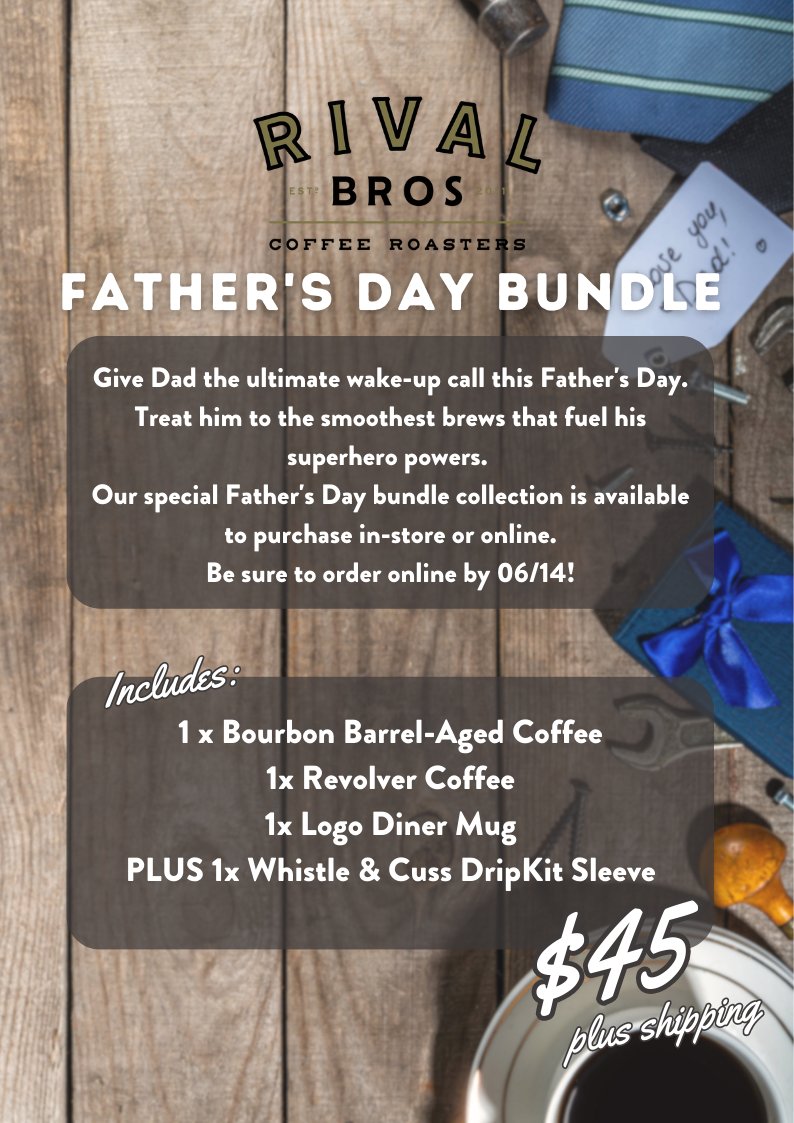 Visit Tasker or Lombard this week and grab the perfect Father's Day coffee bundle for your superhero dad! 
Everything he needs to start his day right. 
☕️👨‍👦‍👦🦸‍♂️
#rivalbroscoffee #fathersdaygift #coffeelovers