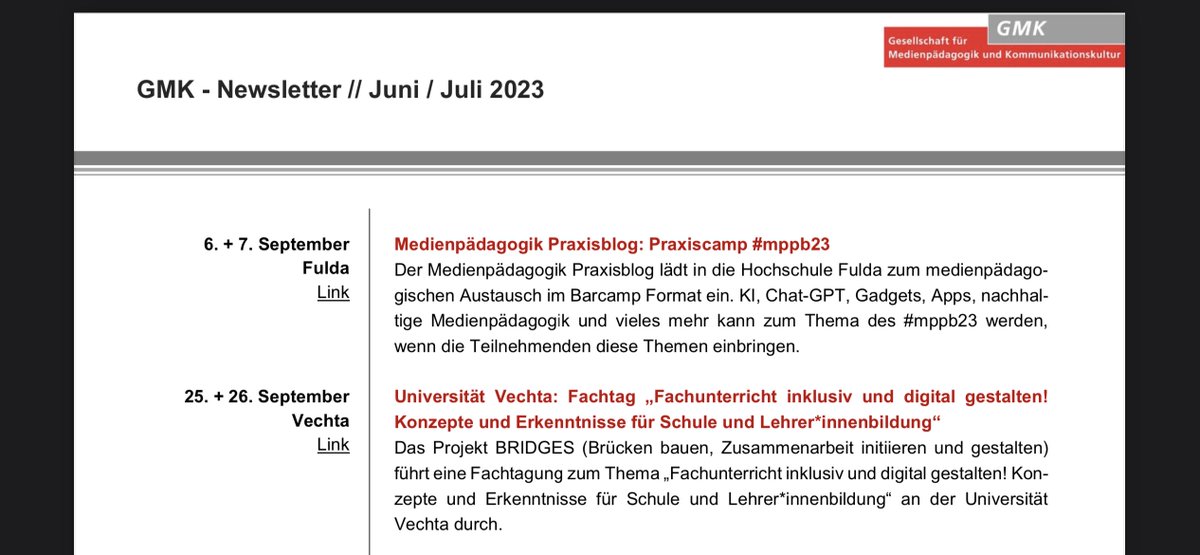 Yeah, das #mppb23 hat es in den GMK Newsletter geschafft! Das Orga-Team freut sich über eure Anmeldung! Mehr dazu: barcamps.eu/mppb23 🥳🤩 <a href="/GMKnet/">GMK</a> #medienpaedagogik #barcamp