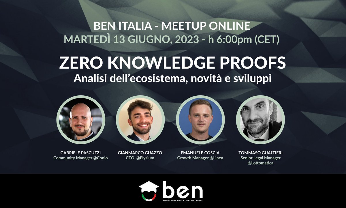 ⏰ Oggi, dalle 6:00 PM in poi, parleremo di #ZK proofs  

🎙️Analizzeremo le novità e l'ecosistema #zkp  insieme ad <a href="/emacosc/">Ema // (🫰,✨)</a>, Gianmarco Guazzo e Tommaso Gualtieri, con @gabpascu a moderare il meetup online.

📺Seguici su youtube: bit.ly/zeroknowledgep…

#BlockchainEdu