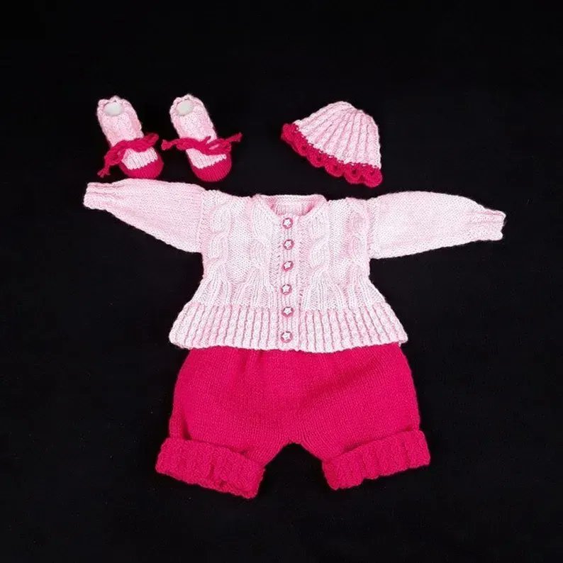 Hand knitted baby pink cardigan shorts hat and booties set 0 - 3 months buff.ly/3pOEUKt #knittingtopia #etsy #knittedbabyclothes #babygirl #baby #rebornbabyclothes #reborndoll #MHHSBD #craftbizparty