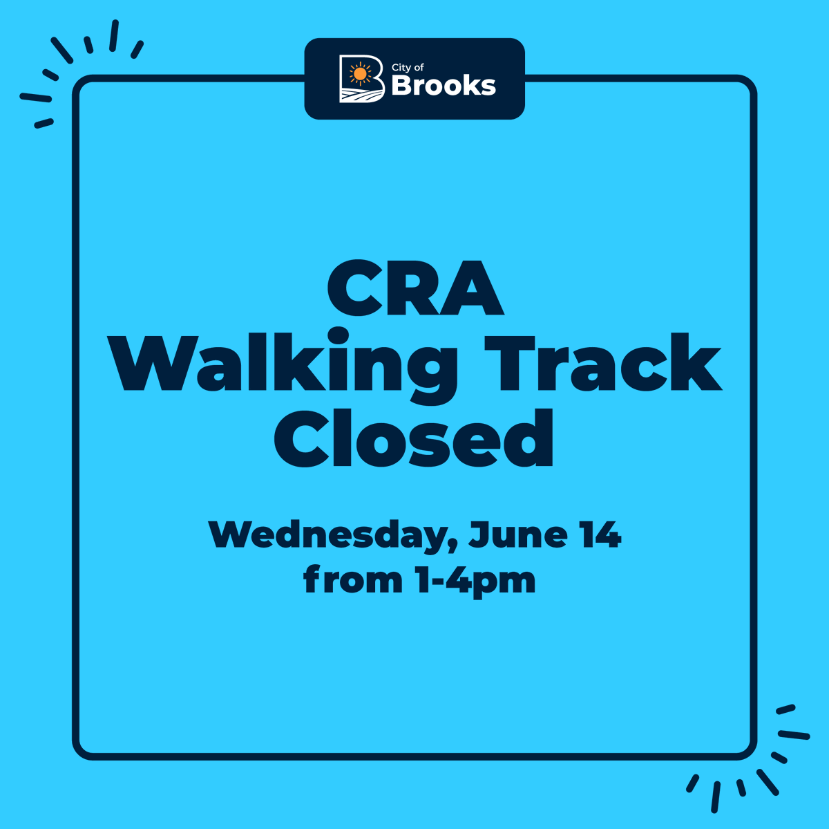 The Centennial Regional Arena Walking Track will be closed Wednesday, June 14 from 1-4pm.