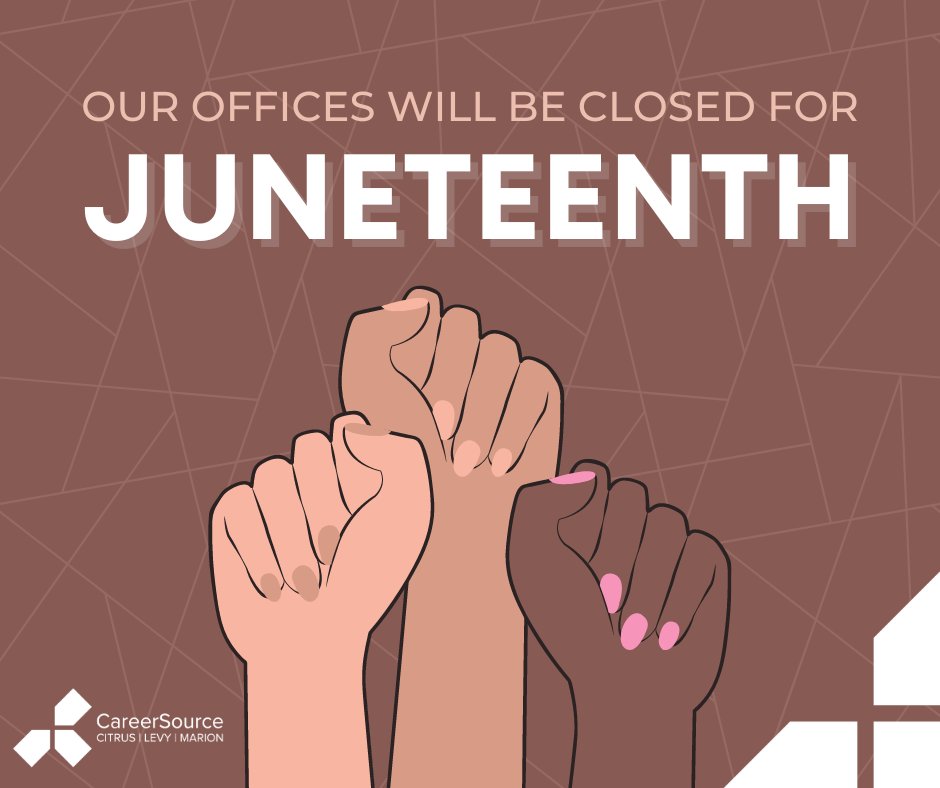 Our offices and career centers will be closed Monday, June 19, in recognition of Juneteenth. Regular business hours will resume on Tuesday, June 20. Thank you!

#CelebrateFreedom #Juneteenth