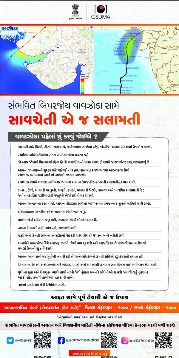 સંભવિત વાવાઝોડા સામે અગમચેતી ના પગલાં.
"સાવચેતી એ જ સલામતી"
તાલુકા કંટ્રોલ રૂમ નં.- 02735 244626
<a href="/CollectorBK/">Collector & DM Banaskantha</a> 
<a href="/SDMDeodar/">Prant Officer and SDM Deodar</a>