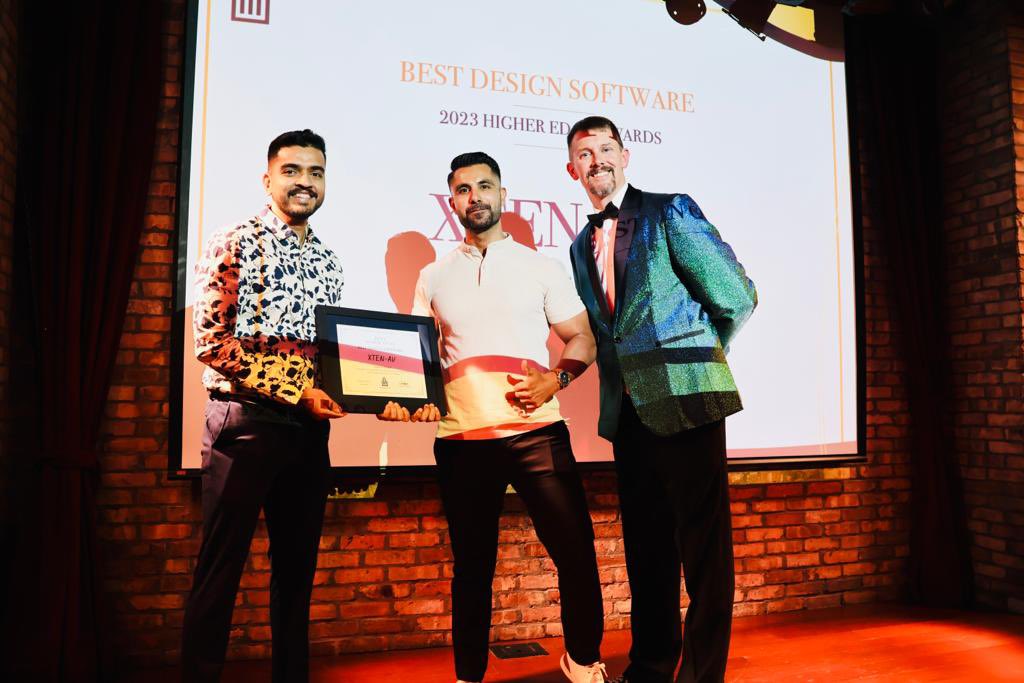 xten_av's tweet photo. Our founders @vibsXten and Sahil Dhingra, proudly received the @HigherEdAV award for the best design software.
Meet them in person at Booth #4260 at @InfoComm 2023!
#HigheredAV #edtech #AreYouXDRAWingYet #LetsMakeAVDesignFUN #XVRSE #xdoc https://t.co/Z9vlTX3fDS