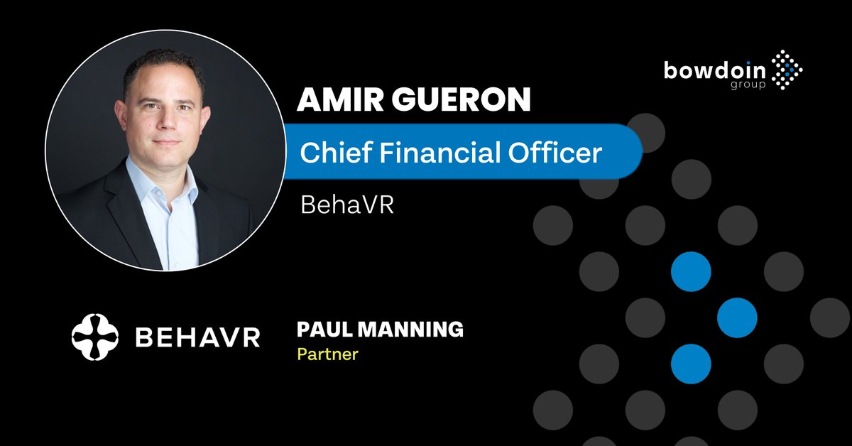 Congratulations to Amir Gueron who has joined the dedicated team at @BehaVR_al as their new Chief Financial Officer!  
 
On behalf of The Bowdoin Group, thank you for working with us, and we wish you all the best in your new pursuits. 
 
#ExecutiveSearch #DigitalHealth