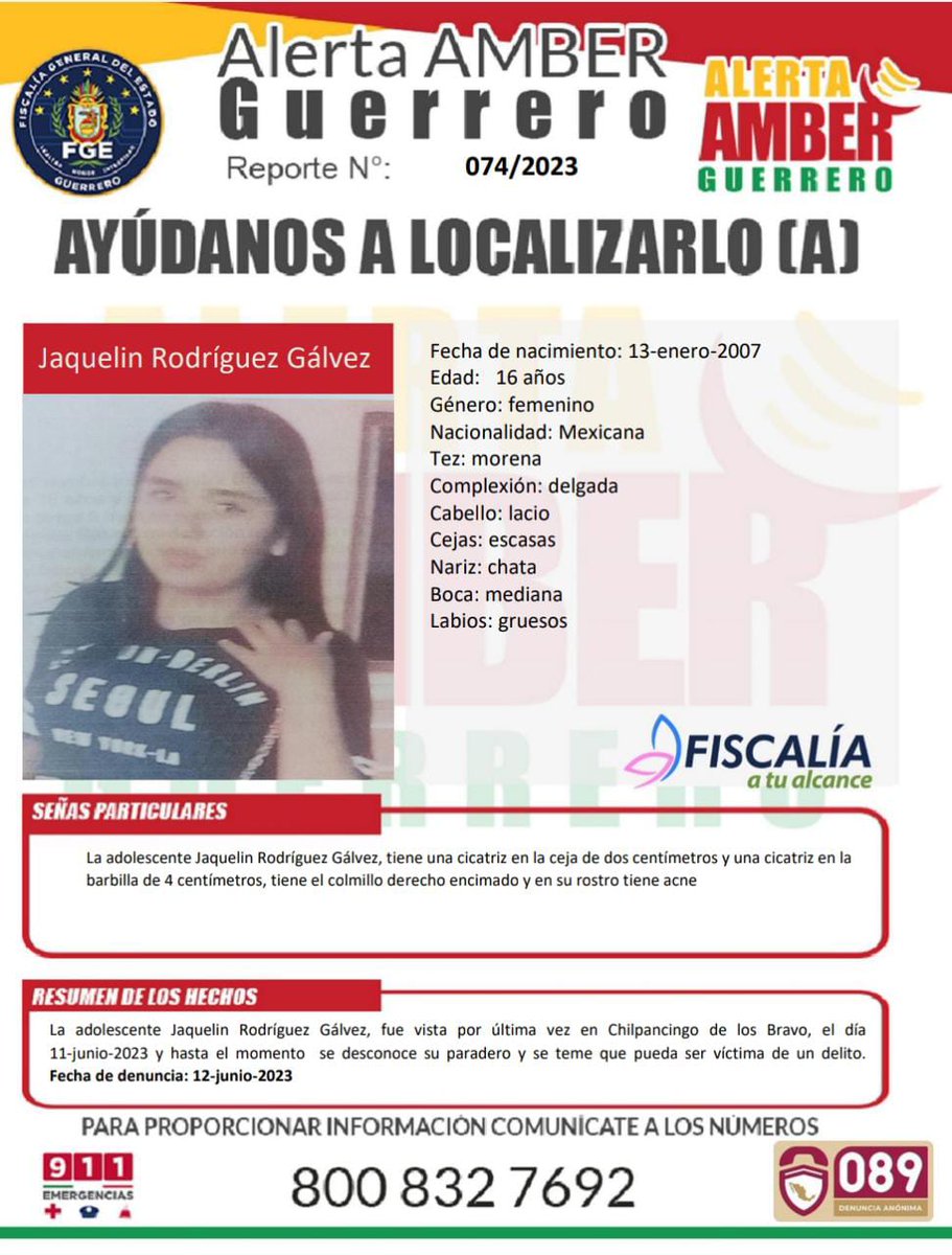 Se solicita su valiosa colaboración para la difusión de la Alerta Amber de JAQUELÍN RODRÍGUEZ GÁLVEZ. Cualquier información sobre su ubicación comunícate al 911. #AlertaAmber #Guerrero