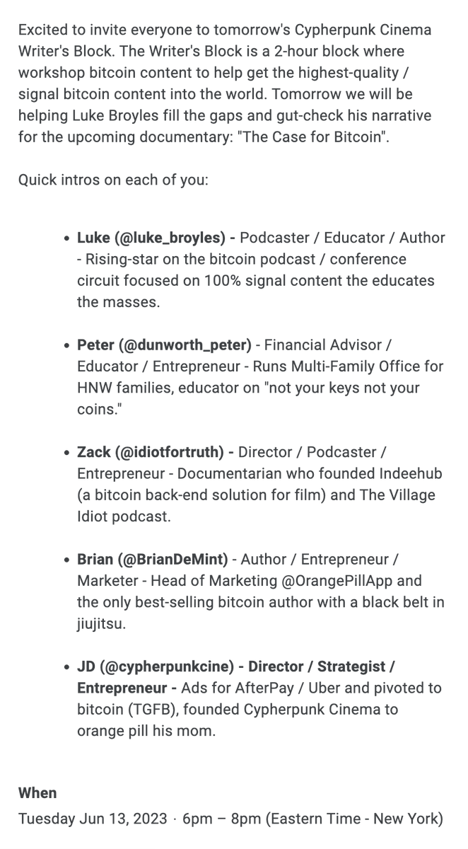 luke_broyles's tweet photo. TONIGHT 6pm-8pm EST
Writer's room for @CaseforBitcoin documentary with awesome people: @PeterBTCAdviser, @idiotfortruth, @BrianDeMint, and @CypherpunkCine.
Will be hosting on Twitter spaces. Unique crowdsourcing of ideas in a fully transparent manner.
https://t.co/zcYZoALdX2 https://t.co/R4ImDGNMT1