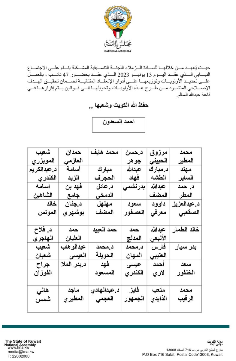 Essa_Alkandri's tweet photo. استمراراً لجهود الأغلبية النيابية في مجلس 2022 ..
والمبادرات الشعبية في انتخابات 6 يونيو ..

وحرصاً على تحقيق الغاية بإنجاز مشروع نسعى من خلاله للإصلاح والتنمية عبر عمل جماعي منظّم خاضع لرقابة الرأي العام ..

نعلن عن خارطتنا التشريعية لمجلس 2023 

#الاجتماع_التنسيقي
#مجلس_2023 https://t.co/LXuOrkJshV