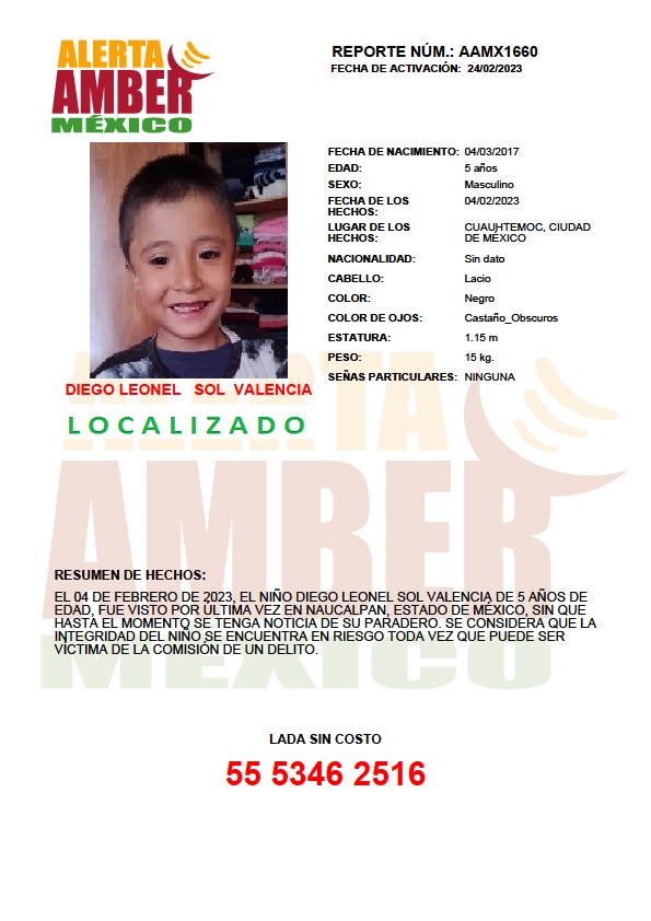 La #AlertaAMBER para DIEGO LEONEL SOL VALENCIA de 05 años de edad, se desactiva debido a su localización. ¡Gracias por tu apoyo!