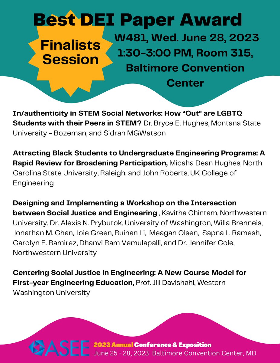 ASEE Diversity (@aseediversity) on Twitter photo 🌟 REMINDER! 🌟 Don't miss the Best DEI Paper Award finalists session at ASEE W481, Wed., June 28, 2023 1:30-3:00 PM, Room 315, Baltimore Convention Center! #ASEEIncludes
<a href="/BryceEHughes/">Bryce Hughes</a>
<a href="/thakavic/">Kavi Chintam</a>
<a href="/AlexPrybutok/">Alex Prybutok</a> 🌟 REMINDER! 🌟 Don't miss the Best DEI Paper Award finalists session at ASEE W481, Wed., June 28, 2023 1:30-3:00 PM, Room 315, Baltimore Convention Center! #ASEEIncludes
<a href="/BryceEHughes/">Bryce Hughes</a>
<a href="/thakavic/">Kavi Chintam</a>
<a href="/AlexPrybutok/">Alex Prybutok</a>