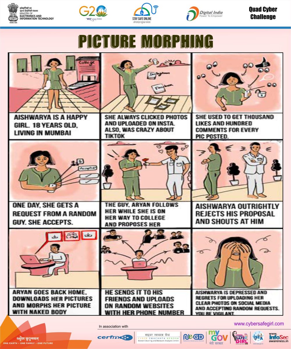 Manipulating images to deceive or harm others is unethical and dangerous. 
 #SayNoToPictureMorphing #AuthenticityMatters #RespectOthers #BeTrueBeYou 
#staysafeonline #cybersecurity #g20india #g20dewg #g20summit #besafe #staysafe #ssoindia #QUAD #Quad2023 #QuadCyberCampaign