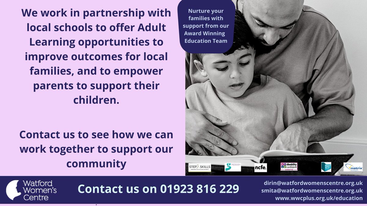 We work in partnership with local schools to offer Adult Learning opportunities to improve outcomes for local families.
 
wwcplus.org.uk/education 

Most of our courses are funded by Step 2 Skills.
hertfordshire.gov.uk/microsites/adu…
#community #adultlearning #partnership #localschools