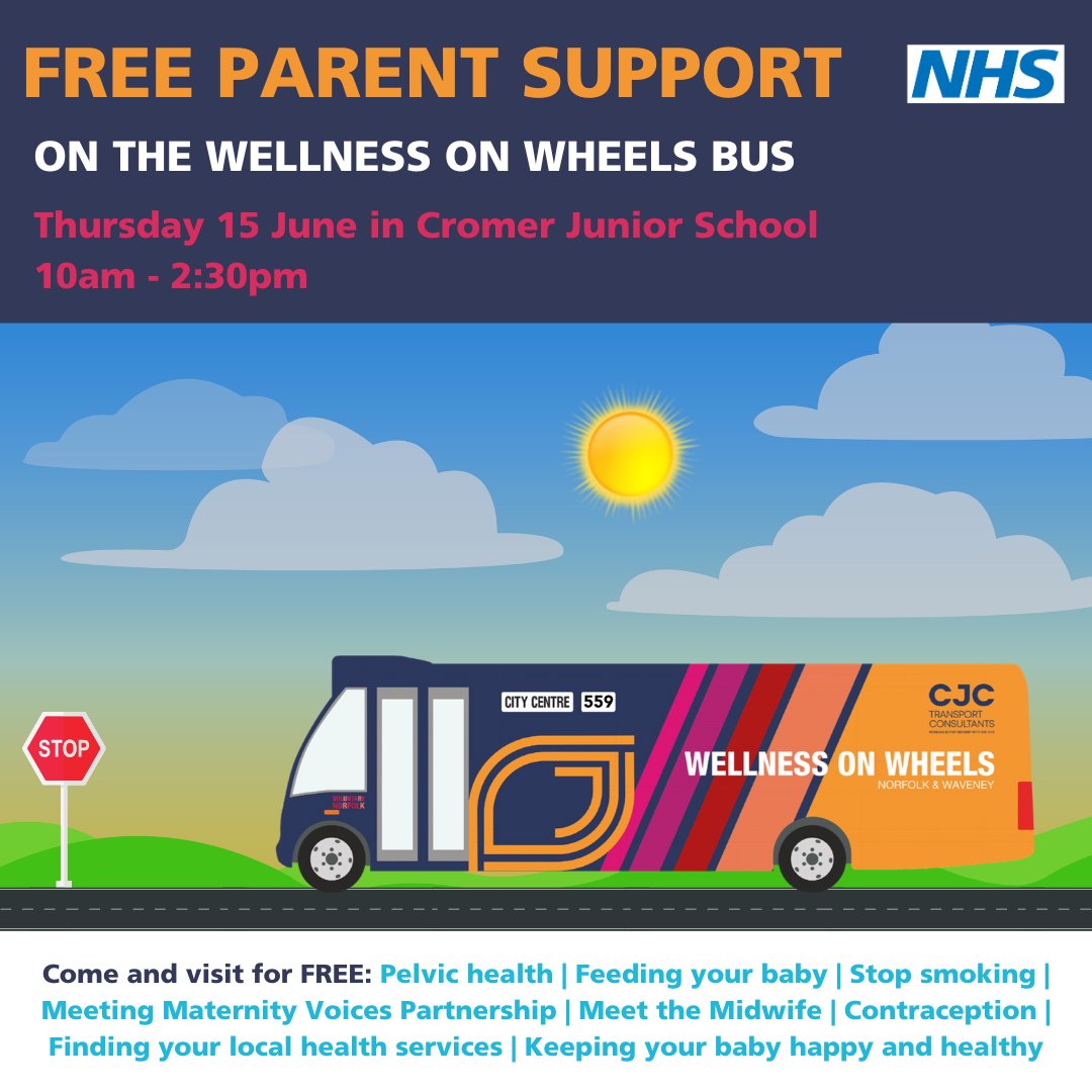 Don't miss the WOW bus THIS THUR in Cromer. It's the first parent and carer support event. Topics include: Pelvic health Feeding your baby Stop smoking Meet the Midwife Contraception Keeping your baby happy and healthy and so much more. Find out more ow.ly/UXt050Oy0Le
