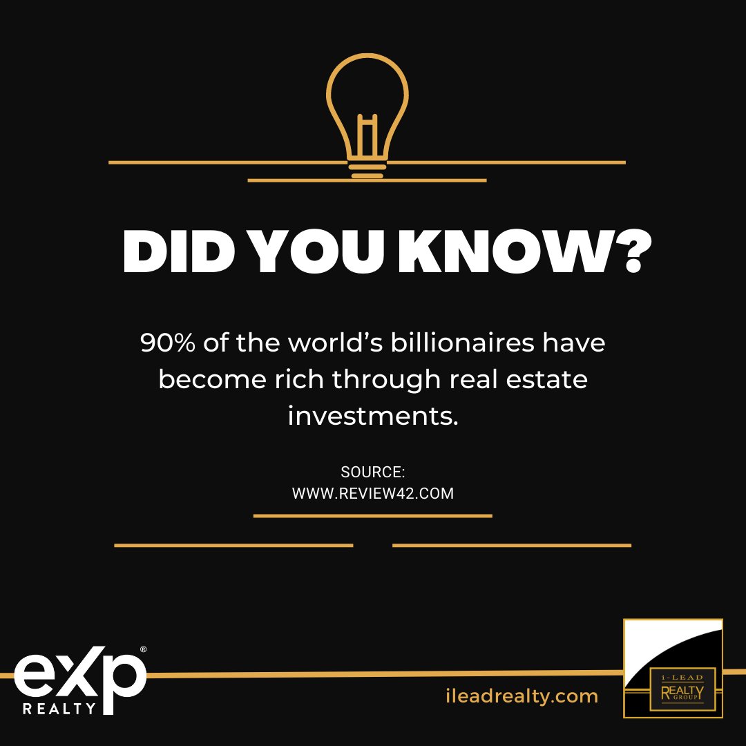 i_leadrealty's tweet image. Did You Know❓

90% of the world's billionaires have become rich through real estate investments.
(Source: Review42)

Follow us for more real estate fun facts! 📌🏡

#buyingahome  #realestate #realestateagenttips #realestateteam #realestatesales #realty #funfact