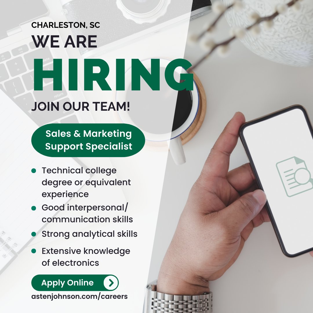 _AstenJohnson_'s tweet photo. AstenJohnson is looking for a Sales and Marketing Support Specialist for our Charleston, SC office. Learn more at our website: https://t.co/gBG2QS2hZ3 or https://t.co/o04knM5S97 https://t.co/ghssES67Wy