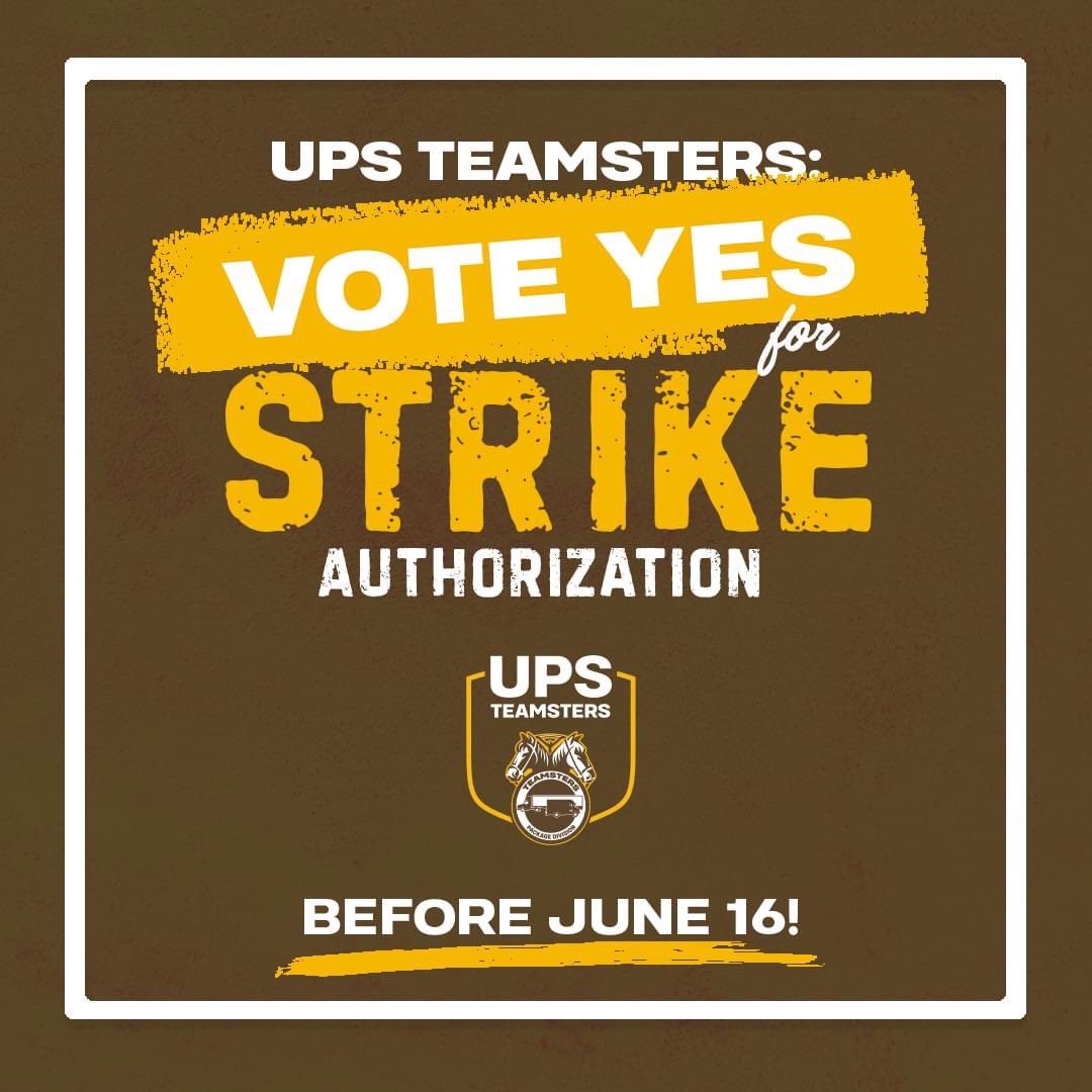 Reminder to all UPS #Teamsters…Don’t forget to vote on strike authorization. Results to be announced at the end of this week. #StrengthInNumbers