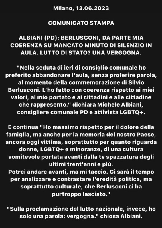 ultimora_pol's tweet photo. Non solo #Genova. Anche il consigliere comunale di #Milano Michele #Albiani ha abbandonato l’aula durante il minuto di silenzio per commemorare Silvio #Berlusconi.

@ultimora_pol https://t.co/kC7ckf7rCp