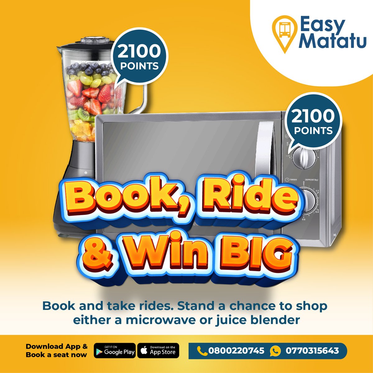 Take evening rides with Easy Matatu! 🚍
🌟 Book now easymatatu.app.link for a chance to win a 🎁 microwave or blender at the Easy Matatu shop! 🛒💥 Don't miss out on this amazing opportunity! 
 #EasyMatatu #RideAndWin