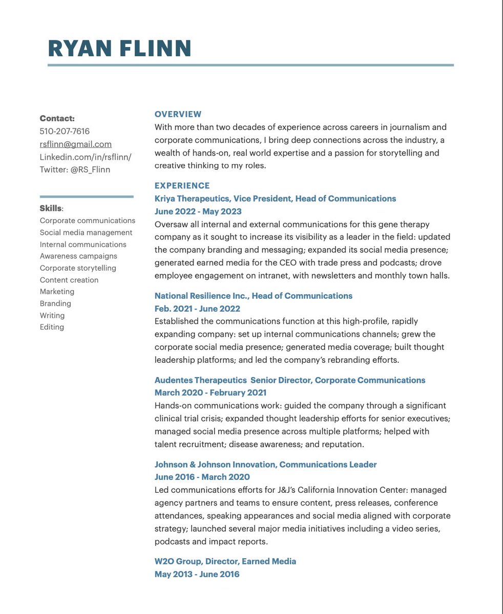 RS_Flinn's tweet image. Hi everyone - I am looking for my next career opportunity. I have 20+ years of experience, including a journalism career (Bloomberg, bylines in NYT, SF Chron) + a decade in PR, working at an agency (W2O) and in-house at biopharma (J&amp;amp;J, Audentes, Resilience &amp;amp; Kriya). DMs are open!