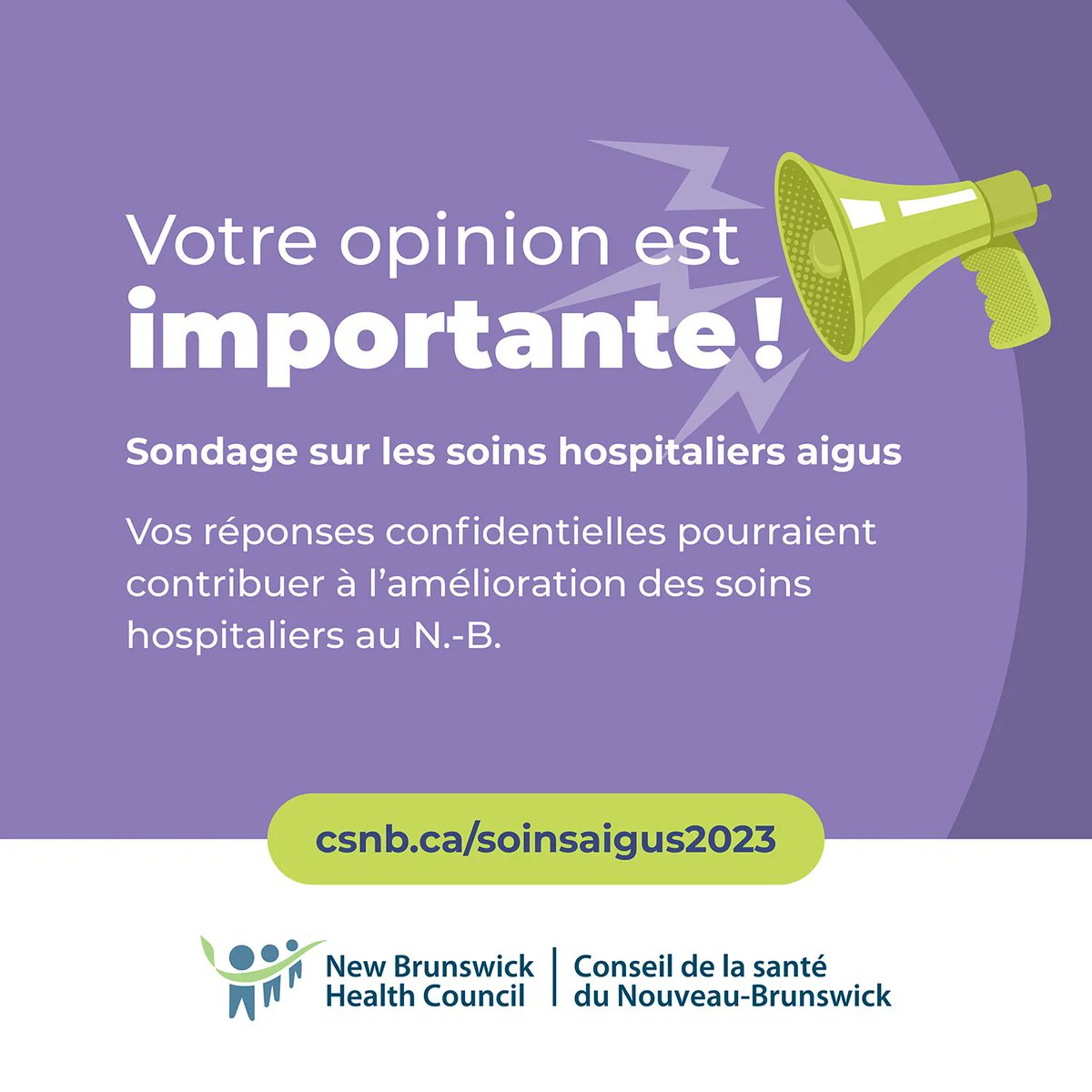 ConseilsanteNB's tweet photo. Le Sondage CSNB évalue la qualité des hôpitaux tous les 3 ans. Si vous avez 18 ans et plus et avez passé au moins une nuit dans un hôpital du N.-B. (avril-juillet 2023), vous pourriez recevoir un sondage par la poste. Info: https://t.co/E6QvXCqJIy
#CSNB #SoinsHospitaliers https://t.co/ijEWWh6h0J
