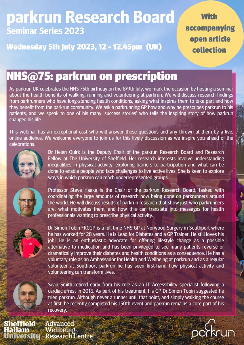 🌳 | Our next @parkrun Research Board seminar is now open for bookings, with accompanying open access virtual article collection:

👩‍⚕️ NHS@75: parkrun on prescription
📆 Wed 5 July
⏰ 12-12.45pm BST 
📑 bit.ly/parkrunNHS 
📑 bit.ly/VACHealth    
 #loveparkrun #NHS75