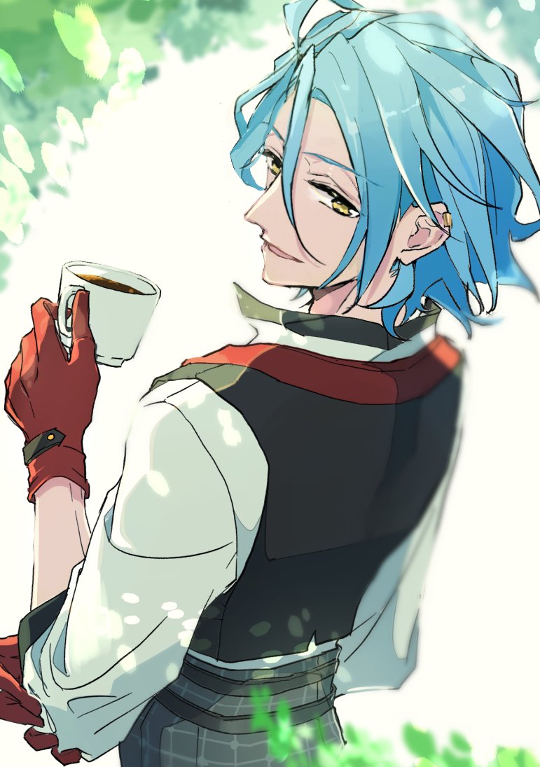 1boy male focus cup gloves blue hair solo yellow eyes  illustration images