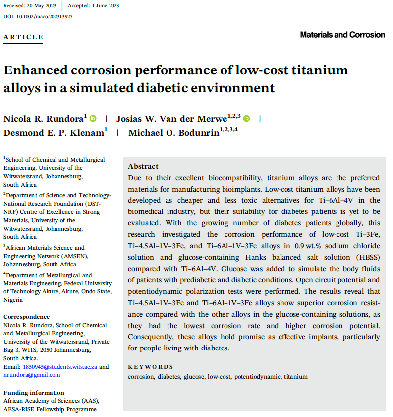 DEKprimus's tweet photo. Latest publication -Superior corrosion resistant low-cost biomaterials. Speical thanks to the @AASciences for funding. We look forward for more support. Speical thanks to @MicBodunrin, accountability partner https://t.co/gJjlSYkkum