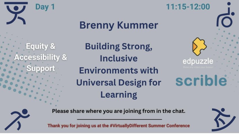 Brenny_Kummer's tweet image. The #VirtuallyDifferent conference is off to an amazing start! If you want to learn more about UDL, whether you are new to UDL or experienced, join my session to gather info on the what and the why behind UDL, and how to use UDL to guide innovative tech integration! #bcscudl