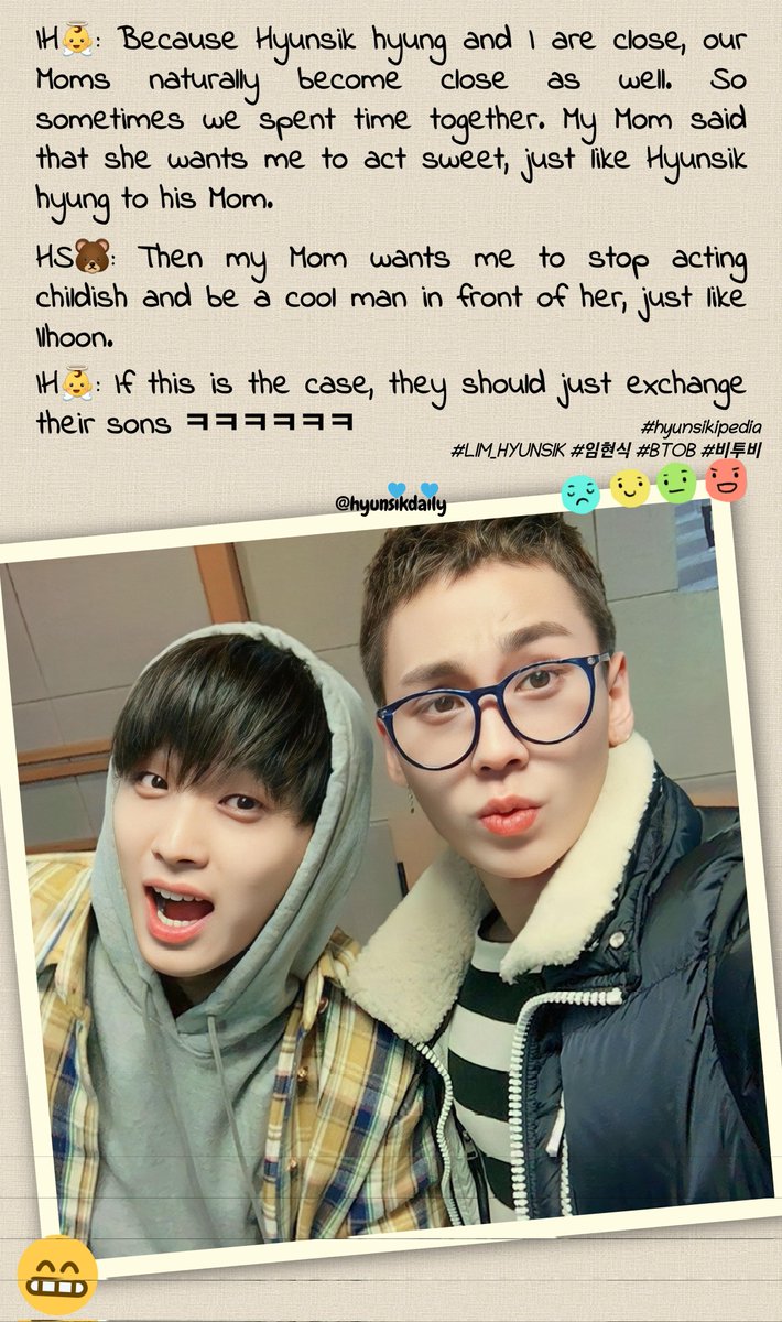 'The grass is greener on the other side'
🤣
Look at Hyunsik's Mom who wanted him to act cool like Ilhoon.
And vice versa for Ilhoon's Mom.

1 thing for sure, they both have the sweetest sons 🥹

#hyunsikipedia 
#LIM_HYUNSIK #임현식 #BTOB #비투비 #JUNG_ILHOON #정일훈