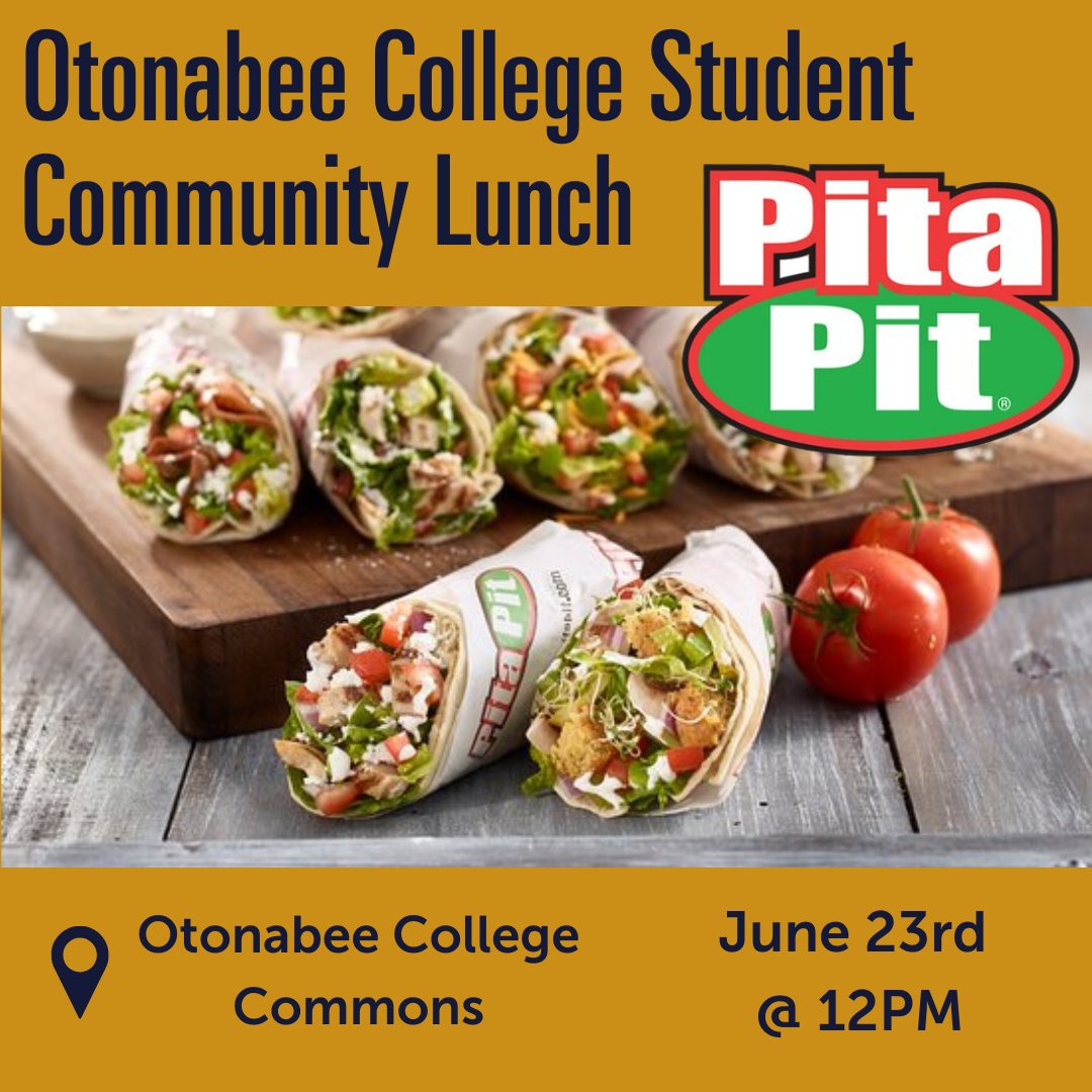 Are you ready for some good food?! The Otonabee College office will be hosting our first community lunch of the summer on June 23rd in the Otonabee College commons. The lunch will start at 12pm and run until supplies last and lunch is catered by PITA PIT!!