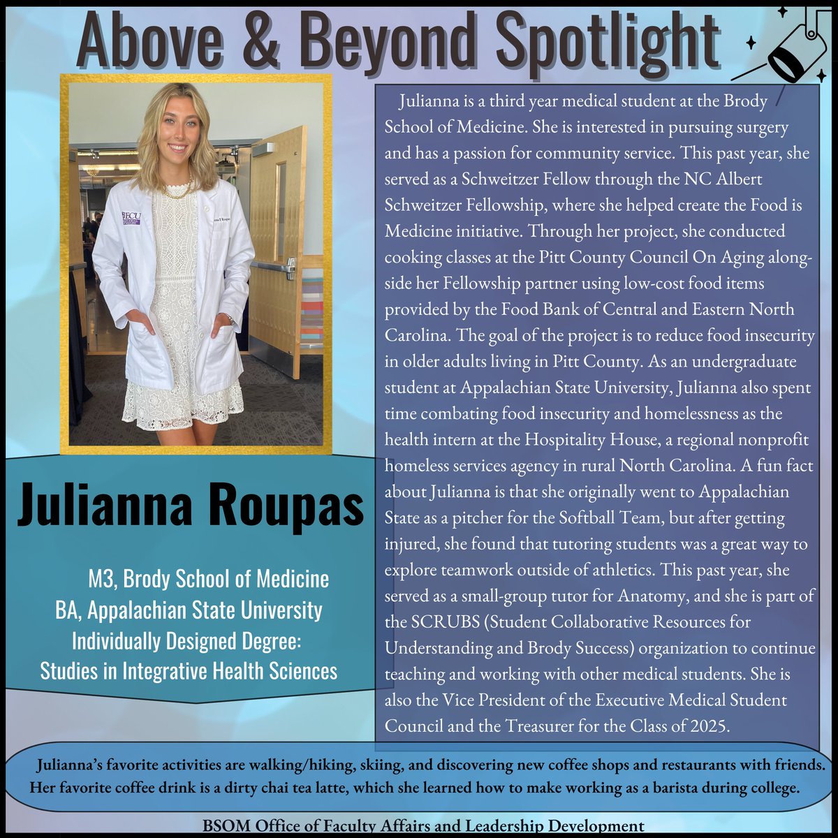 This month's OFALD Above and Beyond Spotlight is @JuliannaRoupas! She is a third year medical student @ECUBrodySOM. We #ARRRGH so thankful for her dedication to advocacy, education, and research @EastCarolina!