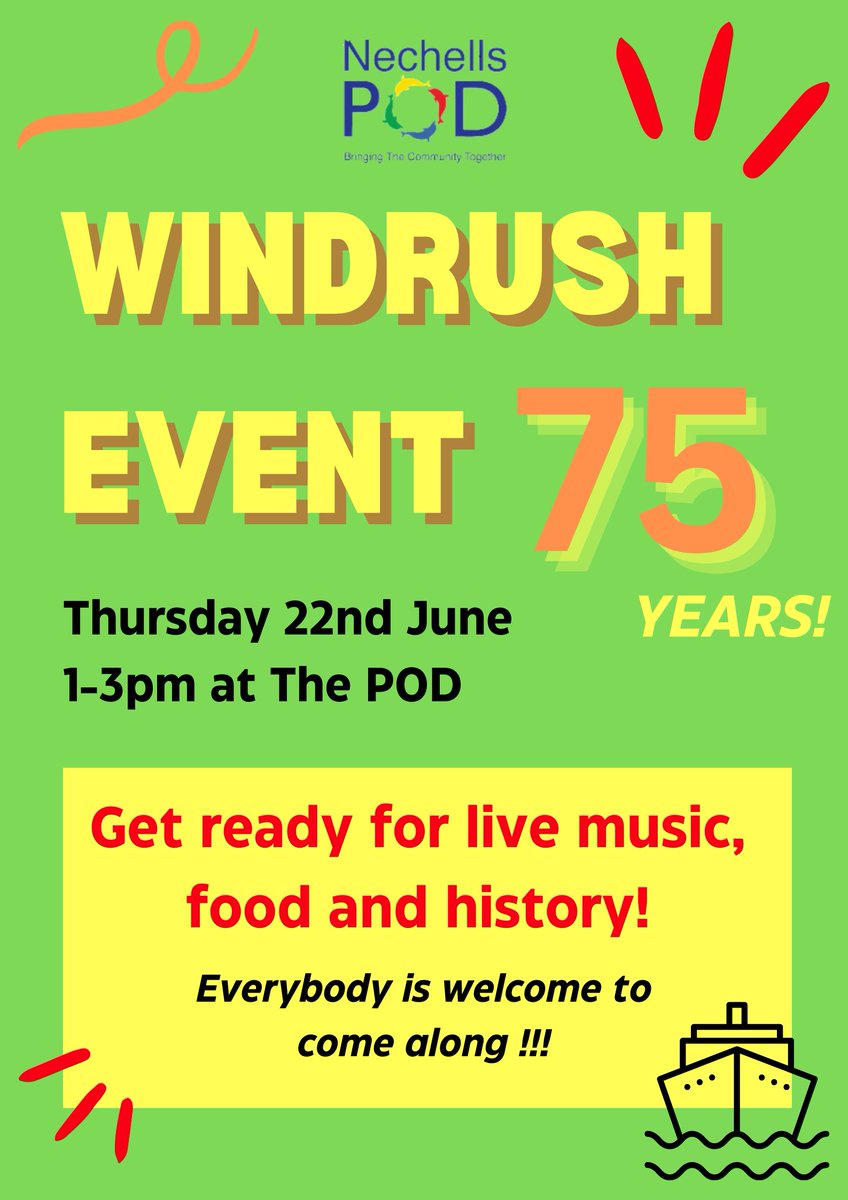 Windrush Day event next Thursday 22nd June at The POD! 
Come along between 1-3pm for live music and food.