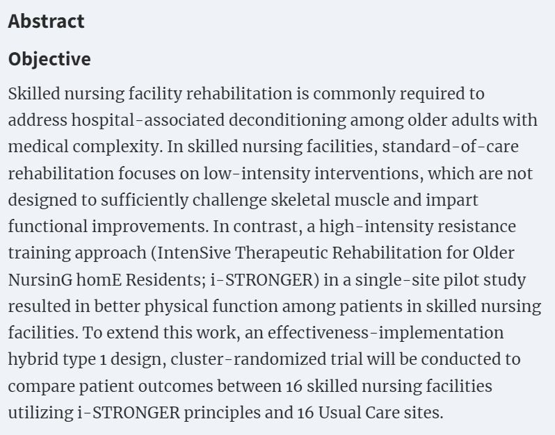 #Newpub in @PTJournal by @CUPhysMed faculty/trainees @emmabeish, Katie Butera, Lauren Hinrichs, Danielle Derlein, Dan Malone, @jeri4ster @JSLapsley on Advancing #Rehab Paradigms for #OlderAdults in #SkilledNursingFacilities. academic.oup.com/ptj/advance-ar…