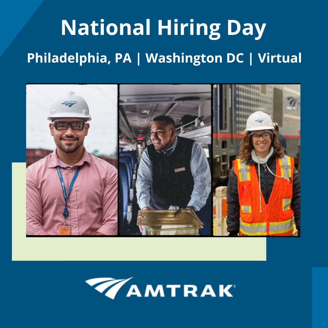 Reminder! Join us tomorrow for Amtrak National Hiring Day on June 14th! 

>>Washington, DC: lnkd.in/efdZQY2F
>>Philadelphia: lnkd.in/eYq-eiRs
>>Virtual: lnkd.in/eXPkjPqT

#hiringevent #amtrak
