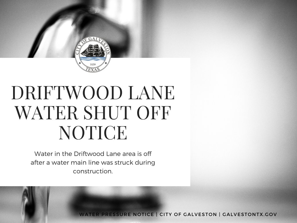 Water is off in the Driftwood Lane area after a main line was struck during construction. Crews have been dispatched to repair the line and restore water service as soon as possible. We will provide an update with the estimated time of the outage when possible.