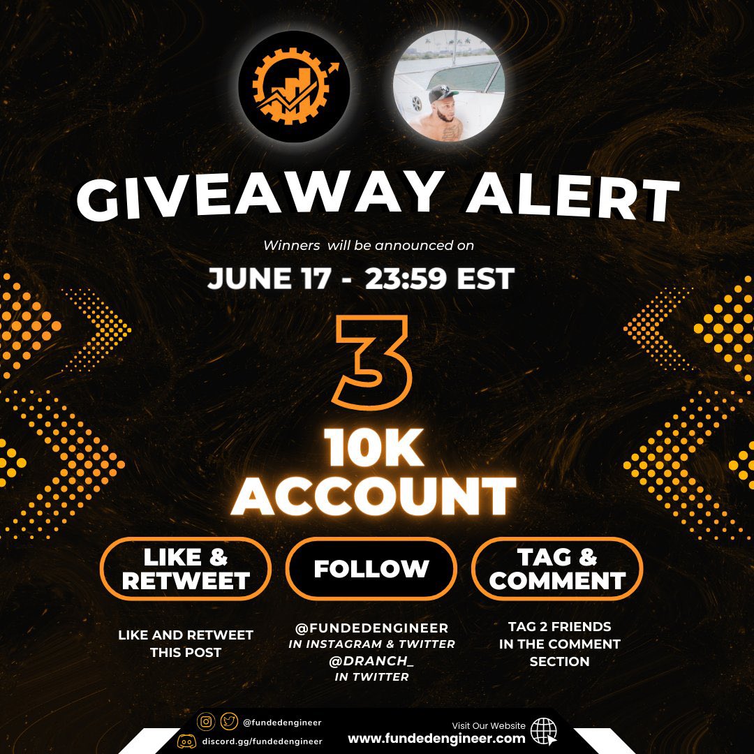 Partnering with @fundedengineer 🔥

Three x $10k Challenge Account Giveaway 🔥

1. Like & Retweet
2. Follow @dranch_  & @fundedengineer 
3. Tag 2 people