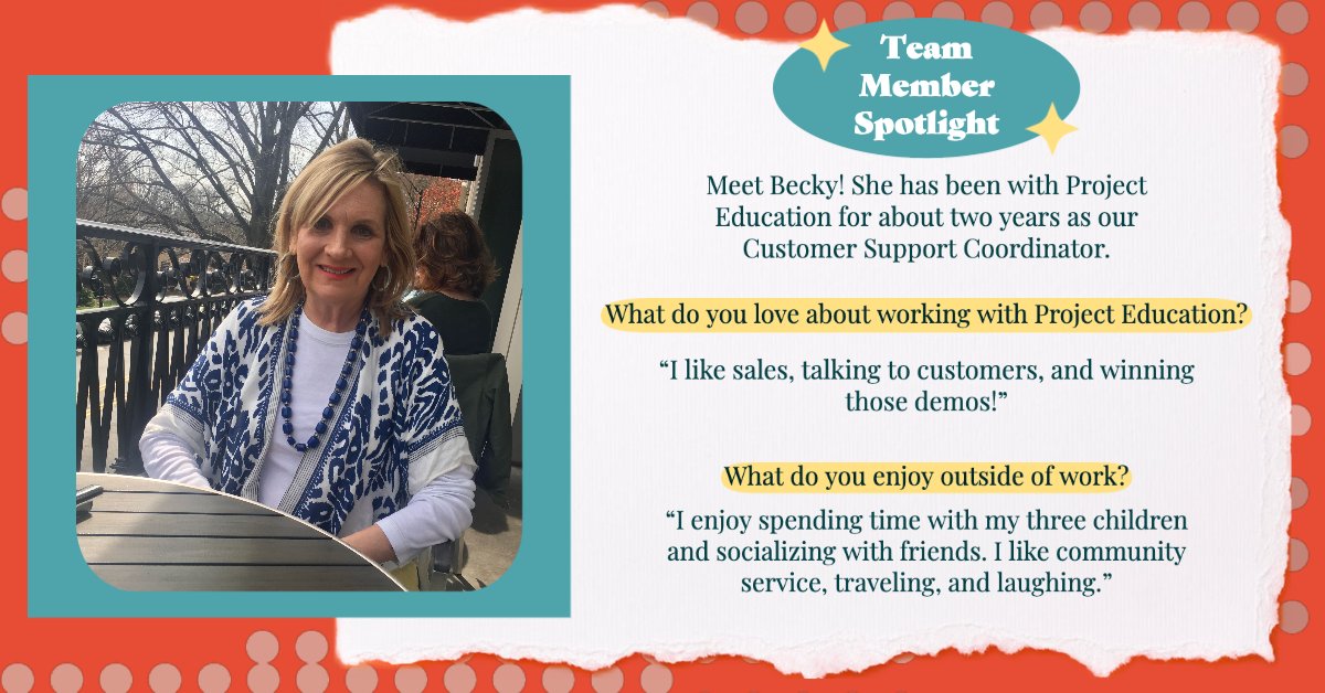 Introducing our world traveler, Becky Bell! Becky shared that she has traveled throughout Southeast Asia and Europe. She loves people, which makes her great as our Customer Support Coordinator.

#TeamMemberTuesday #teammemberspotlight #teammemberappreciation #projecteducation