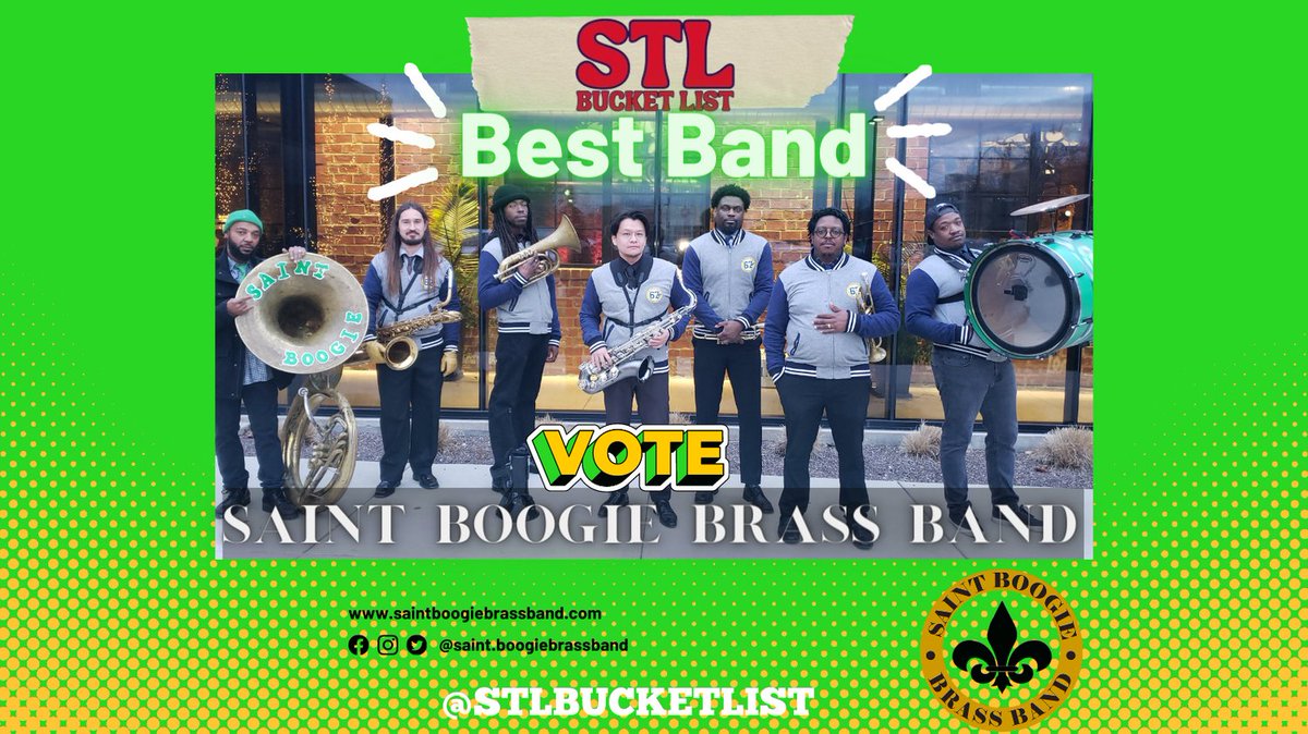 🚨VOTE TODAY !!🚨
We are nominated as the STL Bucket List 🎵Best Band🎵

Voting deadline is June 30th.

Shout out to everyone for the support and nominations.

**Please SHARE &amp; VOTE***

VOTE HERE @STLBUCKETLIST

#SaintBoogieBrassBand