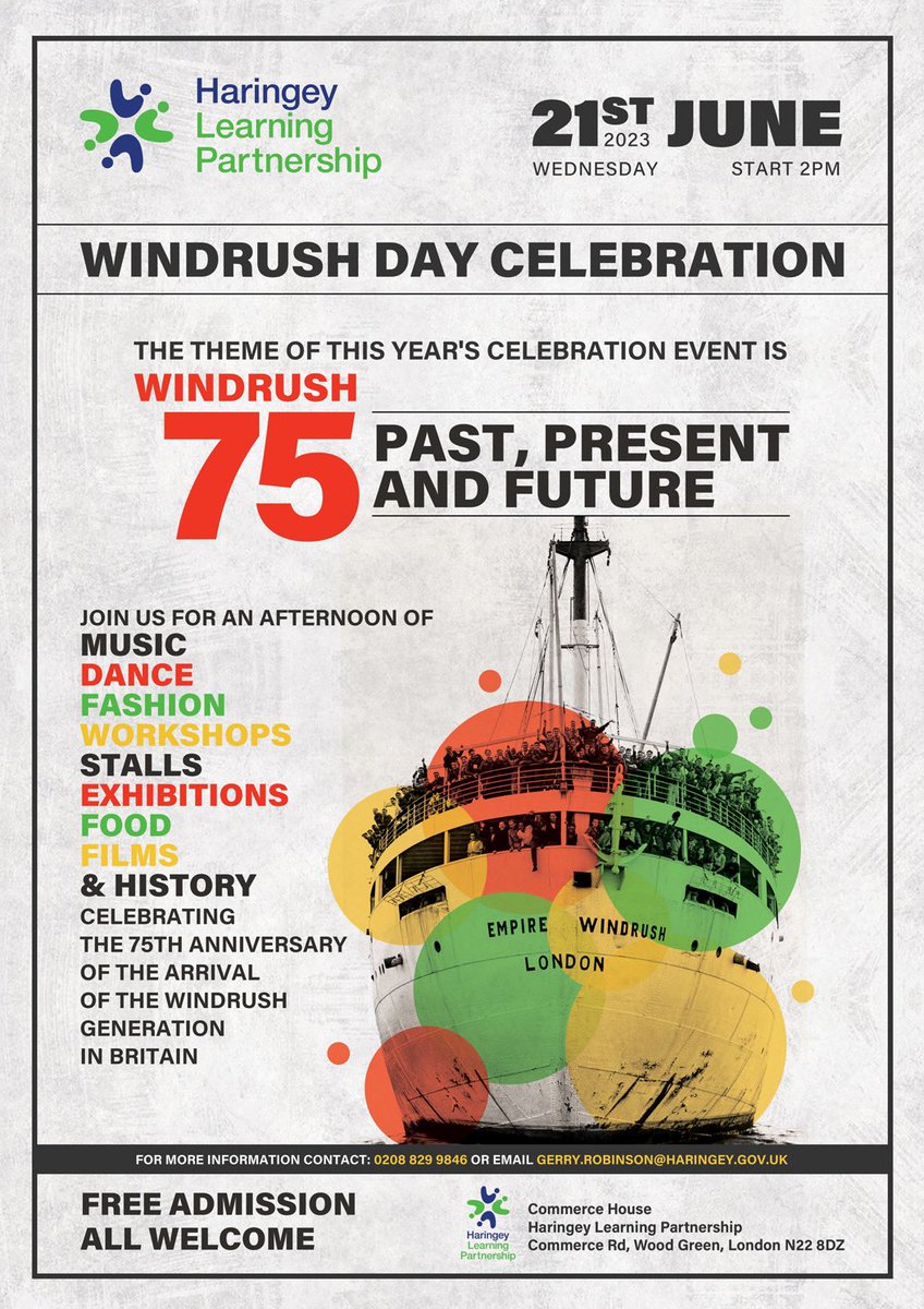 Save the date! Join us for next week’s #Windrush75 celebration - it’s going to be brilliant! @haringeycouncil @HaringeyEduc @HaringeyCreates @HaringeyCP @CatherineWest1 @DavidLammy @perayahmet @LesterBuxton @BGArtsCentre @TheDifferenceEd @haringeyyouth