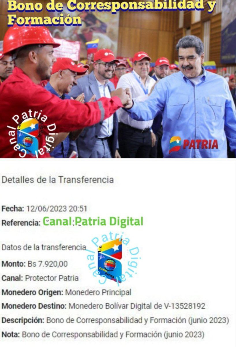 📢 ENTÉRATE

💳 Durante el día de ayer el #SistemaPatria continúo con la entrega del Bono de Corresponsabilidad y Formación, (junio 2023) enviado por nuestro Pdte. @NicolasMaduro a través del Sistema del @CarnetDLaPatria.

✅ Monto: 7.920,00 Bs.

#VivaLaUnionDeLosPueblos