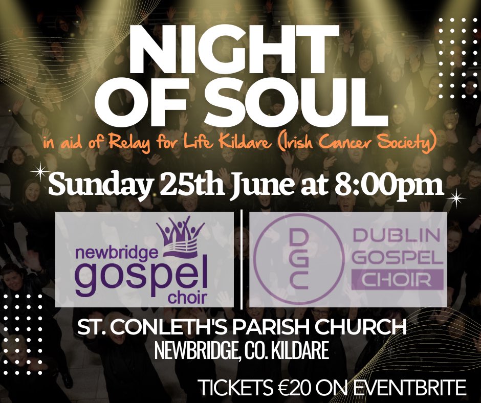 NewbridgeGospelChoir (@newbridgegospel) on Twitter photo ***CONCERT TIME***
Join us for a night of gospel & soul! 🎶
SUNDAY 25th JUNE at 8pm
<a href="/DGChoir/">Dublin Gospel Choir</a> <a href="/newbridgeparish/">Newbridge Parish</a>
Grab your tickets here:
eventbrite.co.uk/e/night-of-sou… ***CONCERT TIME***
Join us for a night of gospel & soul! 🎶
SUNDAY 25th JUNE at 8pm
<a href="/DGChoir/">Dublin Gospel Choir</a> <a href="/newbridgeparish/">Newbridge Parish</a>
Grab your tickets here:
eventbrite.co.uk/e/night-of-sou…