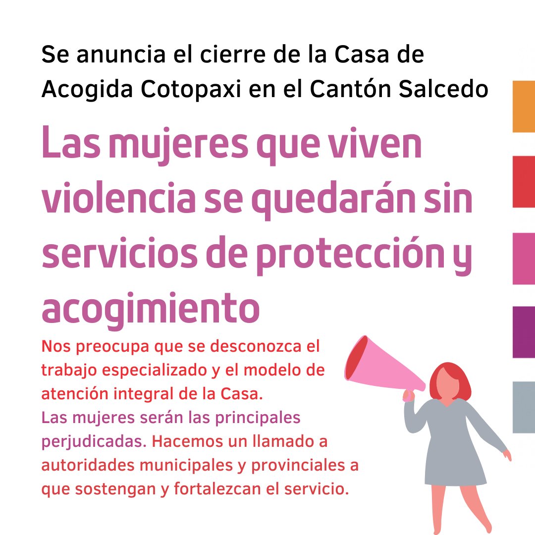 🚨 #Atención Ante la amenaza de cierre de la Casa de Acogida #Cotopaxi hacemos un llamado a las autoridades locales a que apoyen y fortalezcan el servicio.

Las mujeres serán las principales perjudicadas.

Gracias por tu RT